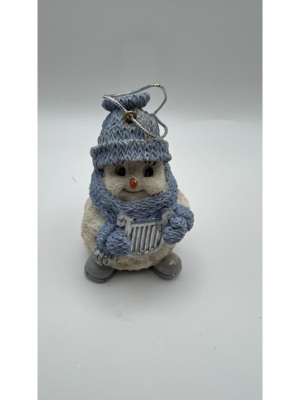 Snowman Ornament "Powder" W/Harp & Knitted Hat By Encore Group 1998 Snow Buddies